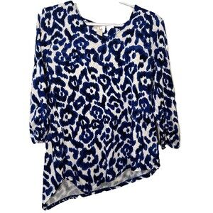 Chico’s Asymmetrical Hem Abstract Print Top Blue White Women’s 1 Medium